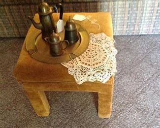 Drexel footstool, brass tray, teapot and creamer with sugar, croucheted doily