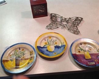 Set of three cute plates, silver plate butterfly trivet, clock