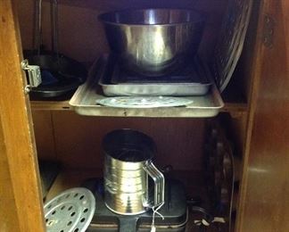  hamburger cooker, vintage sifter,baking trays stainless steel bowl