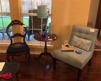 Armless Chair, Needlepoint Chair, Small table, Lamp