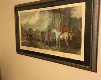 One of two antique English hunt scenes, beautifully framed.