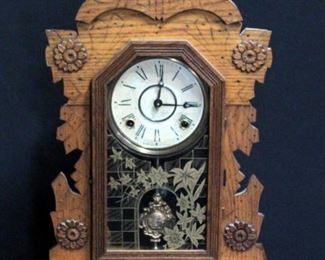 William L Gilbert Table Clock With Stenciled Glass and Carved Wood, Includes Winding Key