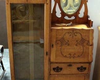 Antique Secretary Desk Bookcase Side-By-Side With Beveled Mirror And 1 Drawer, Has Key, Adjustable Bookcase, 37.5"W x 64"H x 13.5"D