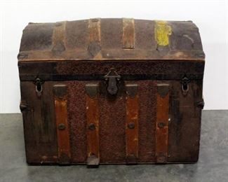 Antique Camelback Trunk With Wood Insert Tray, Embossed Metal Exterior, 24"H X 32" W X 18.5"D