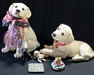 Sandicast Lab Pup Sitting, 14'" x 8" x 11", and Laying, 9" x 7" x 16", And Dog Figurines And More, Total Qty 6