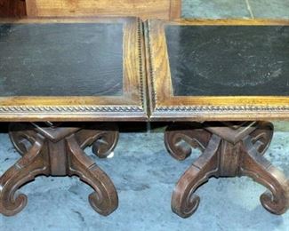 Pair of Wood Pedestal End Tables with Faux Stone Inserts 18H" x 19"W x 19"D