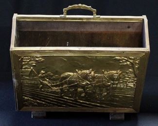 Gold Toned Metal Over Wood Magazine Holder With Raised Image Of Plowing Scene, 13"H x 15.5"W x 8"D