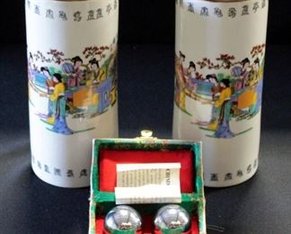 Set Of Ceramic Oriental Vases And Chinese Exercise Balls in Box