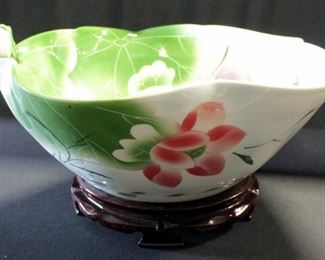 Glazed Ceramic Bowl, Frog and Lilypad Design With Oriental Writing, On Spinning Wood Base 10"H x 17.5" Dia