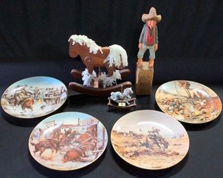 Set Of Charles M. Russell Limited Edition Collector Plates, Qty 4, Wooden "High Water" Statue by R. Cotter And Decorative Rocking Horses