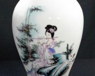 Porcelain Oriental Vases With Pink Cherry Blossom And Woman Playing Flute And Oriental Writing On Spinning Wood Basses, 17" And 15" Tall, Qty 2
