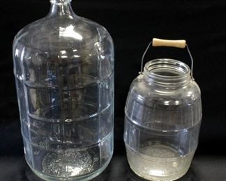 Large Glass Jars, One With Wood And Wire Handle, 22"H x 10" Diameter And 13"H x 8.5" Diameter