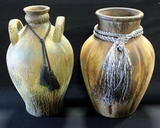 2 Decorative Urns With Tassels, 18" and 17" Tall