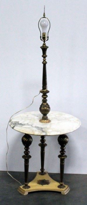 Floor Lamp With Marble Shelf, Three Brass Legs And Pole, 62"H x 24" Dia, Powers On