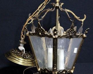Brass and Etched Glass Ceiling Light, Three Candelabra Style Lights, Hardwired