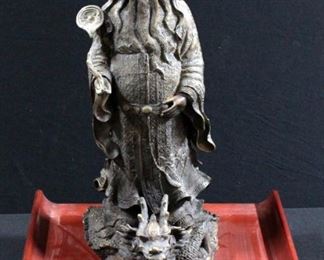 Bronze Oriental Figure of Man and Dragon 21" High on Wood Stand 17"x12"