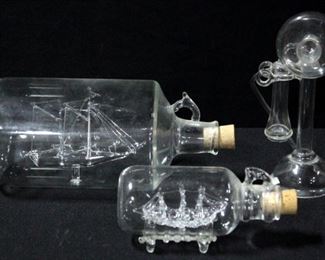 Glass Ships in Bottles, One With Stand And Glass Vintage Telephone