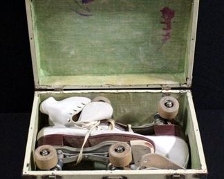 Retro High Top Roller Skates Believed to be Size 9 With Ware Bros. Wheels, In Carrying Case