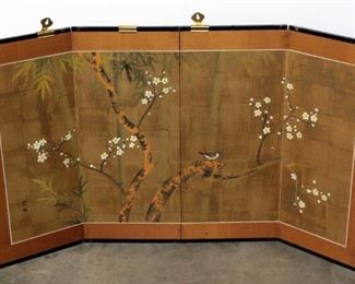Folding Oriental Style Art, Depicts Perched Bird with Flowers and Bamboo, 35"H x 60"W (Fully Extended)