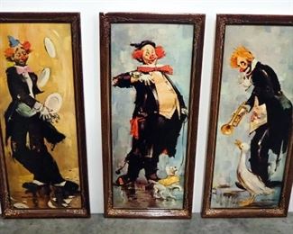 Rico Tomaso Artwork of Clowns, On Paper with Plastic Frames, Qty 3