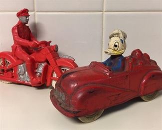 Vintage Sun Rubber Co. Donald Duck & Pluto Car • Auburn Police Motorcycle 