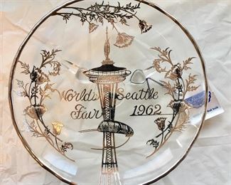 1962 Sterling On Crystal Worlds Fair Seattle Footed Plate w/ Tag