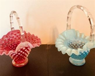 Fenton Hobnail Small Baskets • Cranberry Opalescent & Aqua Opalescent 