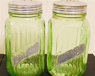Large Hoosier Cabinet Style Depression Green Glass Salt & Pepper Shakers 