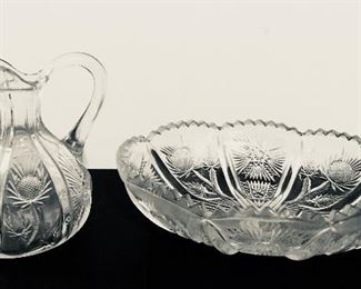 EAPG Higbee 1890 'Paneled (Panel) Thistle' Glass 4.25" Cruet Oil Vinegar Bottle & Glass Bowl 