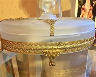 Ornate Oval Ormolu Hollywood Regency Jewelry Box Footed Casket Frosted Glass Dish Filigree • Circa early 1940’s •