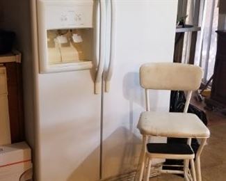Two door fridge and metal kitchen chair/ladder