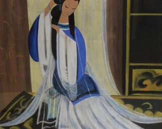 Framed Asian Gouache Watercolor of a Girl