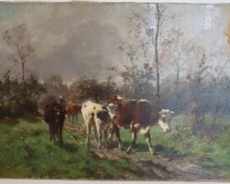 ILLEGIBLY Signed Oil On Canvas Cows As Is 