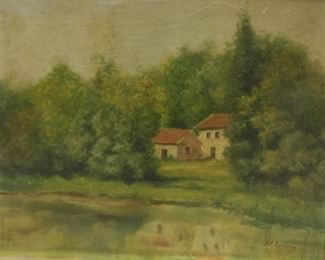ILLEGIBLY Signed Oil On Canvas House In Trees