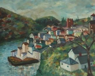 ILLEGIBLY Signed Oil On Canvas Houses On River