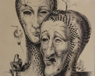 RUSSIAN Signed Ink Drawing Of Heads