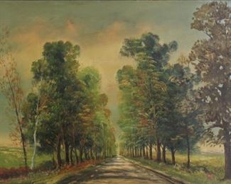 UNSIGNED Oil on Board Street Scene with Trees