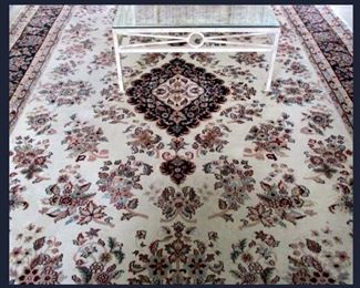 Lovely Large Area Rug and Glass and Metal Coffee Table, has 2 Matching End Tables