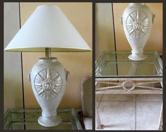 Pair of Nice Lion Face Sunburst Lamps and One of the Pair of Matching End Tables