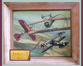 Signed and Framed Oil on Board Dated '61, Colorful Biplanes in Flight