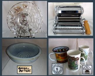 Silver Overlay Platter, New In Box Pasta Making Machine, Garden Pottery Bowl and Coffee Mugs