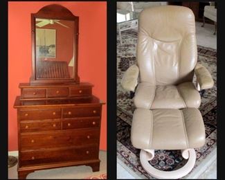 Vintage Chest and Mirror with Dovetailed Drawers;Cedar Lined and Ekornes Stressless Chair and Ottoman