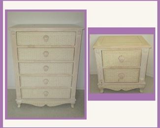 Wicker Chest of Drawers and One of a Pair of Matching Wicker Nightstands
