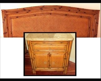 Queen Headboard and Showing One of a Pair of Matching Marble Top Nightstands