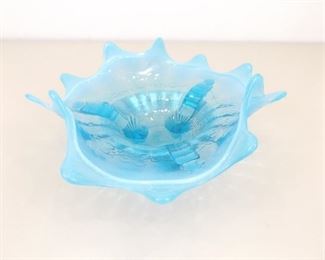 Antique Blue Opalescent 8.5" Ruffled Footed Bowl
