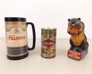 Vintage Hamm's Beer Mug, Grain Belt Tab Can, Woodchuck Beer Tap
