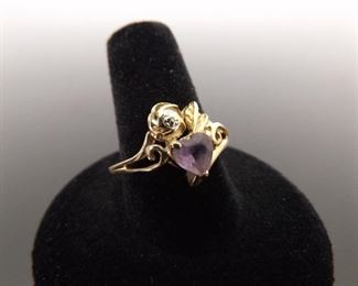 14k Yellow Gold Amethyst Heart Diamond Accented Ring Size 10.5
