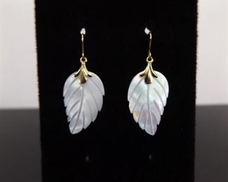 14k Yellow Gold Hook Mother of Pearl Carved Leaf Earrings
