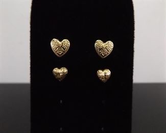 2 Pairs of 14k Yellow Gold Etched Heart Post Earrings
