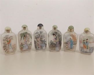6 Antique Reverse Painted Jade Topped Asian Snuff perfume Bottles
